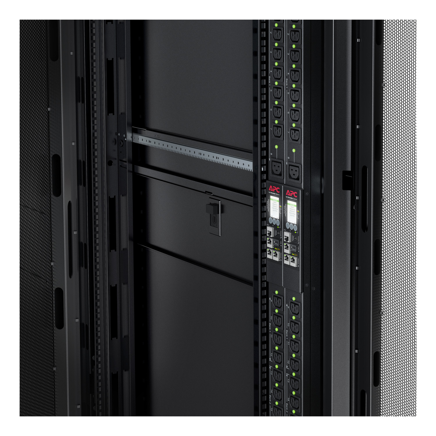 APC Switched Rack PDU with green outlet status LEDs, mounted vertically in a server rack