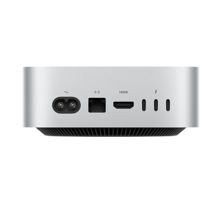 Apple Mac mini M4 — rear view showing HDMI, Gigabit Ethernet and 3× Thunderbolt 4 ports next to the power inlet
