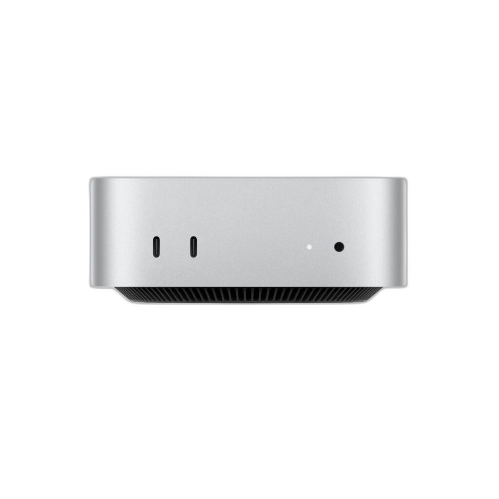 Front view of a dedicated Apple Mac mini server with its status LED lit