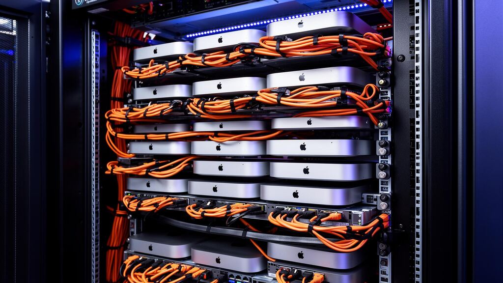 Rack tray holding several dedicated Apple Mac mini servers cabled for network and power